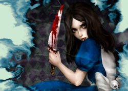 Rule 34 | 1girl, alice: madness returns, alice (alice in wonderland), alice in wonderland, alice liddell (american mcgee&#039;s alice), american mcgee&#039;s alice, apron, black hair, blood, bow, brown hair, dress, genk, goth fashion, green eyes, knife, lips, lipstick, long hair, looking back, makeup, pale skin, skull, solo