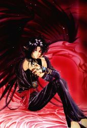 Rule 34 | 1boy, bracelet, clamp, crossed arms, elbow gloves, fingerless gloves, gloves, highres, jewelry, kouryuu (wish), long hair, looking at viewer, male focus, official art, pointy ears, red eyes, ring, sitting, solo, very long hair, wings, wish