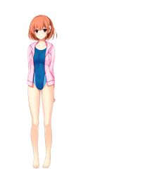 Rule 34 | 1girl, arms behind back, barefoot, breasts, brown hair, flower, full body, hair flower, hair ornament, highres, hoshi ori yume mirai, jacket, koizumi amane, looking at viewer, medium breasts, non-web source, one-piece swimsuit, red eyes, shinozaki marika, short hair, smile, solo, standing, swimsuit, transparent background