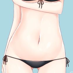 Rule 34 | 10s, 1girl, bad id, bad twitter id, bikini, black bikini, blue background, breast hold, breasts, close-up, front-tie top, gluteal fold, groin, hip focus, kantai collection, kashima (kancolle), kinakon, large breasts, lowleg, lowleg bikini, navel, side-tie bikini bottom, solo, stomach, swimsuit, underboob