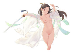 Rule 34 | 1girl, :p, armpits, bigrbear, black hair, braid, breasts, brown eyes, cleft of venus, earrings, female pubic hair, hair ornament, hand up, holding, holding sword, holding weapon, jewelry, long hair, medium breasts, nipples, open clothes, original, outstretched arm, pubic hair, pussy, simple background, solo, standing, sword, thighs, tongue, tongue out, weapon, white background