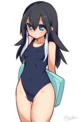Rule 34 | 1girl, arms behind back, artist name, black hair, blue eyes, blue one-piece swimsuit, breasts, covered navel, from above, hair between eyes, highleg, highleg swimsuit, kickboard, long hair, one-piece swimsuit, simple background, small breasts, solo, stroma, swimsuit, white background