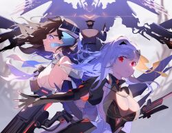 Rule 34 | 1boy, 2girls, bandaged head, bandages, black hair, black nails, blue eyes, breasts, cleavage, commander (nikke), dual wielding, fingernails, garrison cap, gloves, goddess of victory: nikke, gun, hair ribbon, hand on own chest, hat, highres, holding, holding hands, large breasts, light blush, long hair, marian (nikke), mecha, military, military uniform, modernia (nikke), multiple girls, necktie, qw, red eyes, ribbon, robot, see-through, see-through cleavage, sideboob, uniform, upper body, weapon, white hair, yellow ribbon