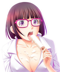 Rule 34 | bob cut, breasts, brown hair, eating, food, glasses, ice cream, kuri (kurigohan), large breasts, open clothes, open mouth, open shirt, original, purple eyes, sexually suggestive, shirt, short hair, simple background, tagme, white background