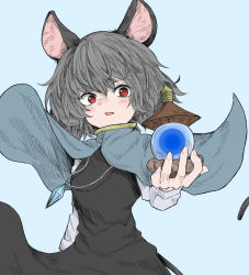 Rule 34 | 1girl, animal ears, black dress, blue background, blue capelet, capelet, cowboy shot, dress, fe (tetsu), grey hair, holding, jewelry, long sleeves, looking at viewer, mouse ears, mouse tail, nazrin, open mouth, pagoda, pendant, red eyes, short hair, simple background, solo, standing, tail, touhou