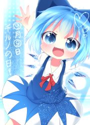 Rule 34 | 1girl, :d, akisha, bad id, bad pixiv id, blue dress, blue eyes, blue hair, blush, chibi, cirno, cowboy shot, dress, happy, heart, highres, ice, ice wings, long sleeves, looking at viewer, open mouth, outstretched arms, red ribbon, ribbon, shirt, smile, tareme, touhou, translated, white shirt, wings