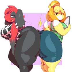 Rule 34 | 2girls, :&lt;, absurdres, animal crossing, animal ears, annoyed, ass, ass-to-ass, bare shoulders, black eyes, black pants, black shirt, blonde hair, blue skirt, blush, border, breasts, cherry (animal crossing), closed mouth, dog ears, dog girl, dog tail, ear piercing, eye contact, fang, female focus, from side, green vest, hair tie, half-closed eyes, happy, highres, huge ass, isabelle (animal crossing), large breasts, leaning forward, legs together, light blush, looking at another, looking back, miniskirt, multiple girls, nintendo, no humans, open mouth, pants, pencil skirt, piercing, plaid, plaid vest, plump, purple background, red hair, shiny clothes, shirt, short hair, short sleeves, sideways mouth, simple background, skin tight, skirt, sleeveless, sleeveless shirt, smile, standing, striped clothes, striped shirt, sweat, tail, thick thighs, thighs, topknot, trinity-fate62, vest, white border, white shirt, wide hips