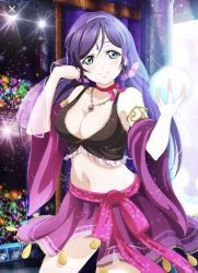 Rule 34 | 1girl, artist name, artist request, bare legs, bare shoulders, blush, breasts, choker, collarbone, female focus, green eyes, hair ornament, hair scrunchie, jewelry, long hair, looking at viewer, love live!, love live! school idol festival, love live! school idol project, medium breasts, necklace, orb, parted lips, purple hair, purple scrunchie, red choker, scrunchie, solo, tojo nozomi, twintails