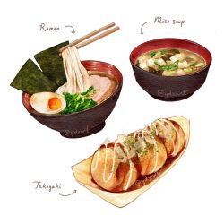 arrow_(symbol) bowl chopsticks food food_focus fried_egg instagram_username miso_soup no_humans noodles original painting_(medium) ramen seaweed simple_background takoyaki third-party_source tofu traditional_media watercolor_(medium) white_background ydxart