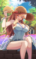 Rule 34 | 1girl, absurdres, bare shoulders, blonde hair, breasts, cleavage, dondobi, dress, hair between eyes, hair down, hat, highres, idolmaster, idolmaster cinderella girls, idolmaster cinderella girls starlight stage, large breasts, long hair, looking at viewer, ohtsuki yui, open mouth, purple eyes, sitting, smile, solo, straw hat, sundress, wavy hair, white dress