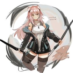 Rule 34 | 1girl, animal ear fluff, animal ears, arknights, bare shoulders, black jacket, blush, breasts, brown thighhighs, commentary request, covered collarbone, cropped legs, dated, gravel (arknights), hair between eyes, highres, jacket, k-yosinori, long hair, looking at viewer, medium breasts, off shoulder, open clothes, open jacket, pink hair, red eyes, shirt, simple background, sleeveless, sleeveless shirt, smile, solo, thighhighs, torn clothes, torn thighhighs, very long hair, white background, white shirt