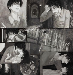 Rule 34 | 2boys, barefoot, blush, castle, eye contact, glasses, harry potter, harry potter (series), heavy breathing, hogwarts, indoors, kiss, looking at another, lying, monochrome, multiple boys, multiple views, necktie, no eyewear, numeri (pixiv), on back, patterned necktie, running, school uniform, shirt, stained glass, striped clothes, striped neckwear, striped shirt, sweat, tom marvolo riddle, uniform, window, wizarding world, yaoi