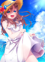 Rule 34 | 1girl, :d, absurdres, bare shoulders, blue eyes, brown hair, character request, clothes lift, cloud, copyright request, dress, dress lift, flower, hat, hat flower, hat ribbon, highres, ocean, open mouth, outdoors, ribbon, sky, smile, solo, summer, sun hat, sundress, user dgyn8285, water, white dress