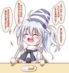 Rule 34 | 1girl, ^ ^, ahoge, blush, blush stickers, closed eyes, curry, fang, female focus, food, food on face, fork, grey hair, hat, inasaki shirau, japanese clothes, mononobe no futo, open mouth, plate, simple background, smile, solo, spoon, tate eboshi, touhou