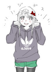 Rule 34 | 1girl, :3, adidas, backwards hat, baseball cap, black pantyhose, blush stickers, bow, brand name imitation, casual, cowboy shot, drawstring, female focus, green shorts, grey hoodie, hair bow, hands up, hat, hood, hood down, hoodie, long hair, long sleeves, looking at viewer, open mouth, pantyhose, pantyhose under shorts, partially colored, pointing, pointing down, red bow, shorts, simple background, smile, solo, sparkle, tareme, toshinou kyouko, uuo, v-shaped eyebrows, white background, yuru yuri