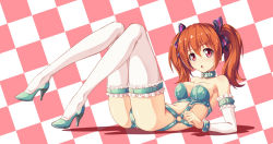 Rule 34 | 1girl, :o, bad id, bad pixiv id, bare shoulders, bdsm, bondage outfit, bow, breasts, brown eyes, checkered background, collar, collarbone, cuffs, detached sleeves, elbow rest, fish.boy, frills, from side, full body, green footwear, green theme, hair between eyes, hair bow, high heels, legs, long hair, long legs, looking at viewer, lying, medium breasts, on back, open mouth, orange hair, purple bow, shoes, simple background, solo, thigh strap, thighhighs, thighs, twintails, white thighhighs