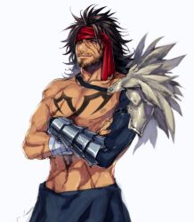 Rule 34 | 1boy, armor, bandaged arm, bandages, beard, black hair, black pants, chest tattoo, cowboy shot, crossed arms, facial hair, feather trim, final fantasy, final fantasy x, headband, jecht, male focus, medium hair, metal gloves, muscular, muscular male, nakagawa waka, pants, parted bangs, red eyes, red headband, scar, scar across eye, scar on arm, scar on chest, scar on face, scar on nose, shoulder armor, single bare shoulder, single sleeve, smile, solo, tan, tattoo, topless male, white background