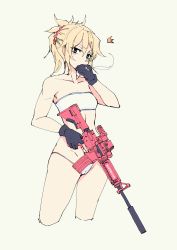 Rule 34 | 1girl, ^^^, absurdres, assault rifle, bare shoulders, black gloves, blonde hair, blue eyes, braid, cigarette, cropped legs, fate/apocrypha, fate (series), fingerless gloves, gloves, gun, highres, kuso otoko, looking at viewer, m4 carbine, mordred (fate), mordred (fate/apocrypha), no pants, panties, ponytail, rifle, simple background, sketch, smoking, solo, strapless, string panties, suppressor, trigger discipline, tube top, underwear, weapon, white panties, yellow background