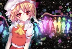 Rule 34 | 1girl, ascot, blonde hair, bow, flandre scarlet, hat, hat bow, matasabuyarou, mob cap, red eyes, side ponytail, solo, sparkle, symbol-shaped pupils, touhou, wings
