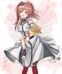 Rule 34 | 1girl, anchor, bouquet, breast pocket, breasts, brown hair, chromatic aberration, dated, dress, feet out of frame, fingerless gloves, flower, garter straps, gloves, grey eyes, hair between eyes, hair ornament, highres, kantai collection, large breasts, medara, neckerchief, open mouth, pocket, ponytail, red neckerchief, red thighhighs, saratoga (kancolle), saratoga mk ii (kancolle), side ponytail, sidelocks, smile, smokestack, solo, standing, teeth, thighhighs, white dress