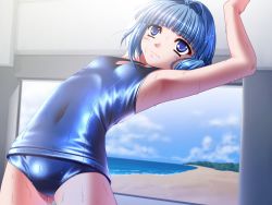 Rule 34 | 00s, 1girl, beach, blue eyes, blue hair, cloud, day, game cg, highres, hiiro yuki, interior, matching hair/eyes, one-piece swimsuit, sand, school swimsuit, sena shiori, shiny clothes, short hair, sky, solo, standing, swimsuit, tree, water, wet, wet clothes, wet swimsuit, yuuguu settai