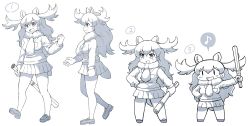 Rule 34 | 1girl, animal ears, antlers, chibi, eighth note, extra ears, fur collar, hair between eyes, highres, horns, kemono friends, long hair, long sleeves, moose (kemono friends), moose ears, multiple views, musical note, open mouth, shirt, short sleeves, skirt, smile, speech bubble, spoken musical note, tail, tanaka kusao