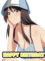 Rule 34 | 1girl, bare shoulders, breasts, brown eyes, brown hair, cleavage, english text, girls und panzer, hand on own cheek, hand on own face, happy birthday, head rest, hifumi hajime, long hair, looking at viewer, mika (girls und panzer), solo, tank top, tulip hat, white background