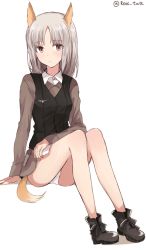 Rule 34 | 10s, 1girl, animal ears, arm support, boots, brave witches, brown eyes, closed mouth, edytha rossmann, emblem, fox ears, fox tail, full body, highres, long sleeves, looking at viewer, military, military uniform, panties, retto, shirt, short hair, silver hair, simple background, sitting, solo, tail, twitter username, underwear, uniform, vest, white background, white panties, world witches series