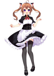 Rule 34 | 1girl, :d, ahoge, animal ears, apron, bad id, bad pixiv id, black footwear, black thighhighs, blush, brown hair, cat ears, dress, floating hair, frilled apron, frilled dress, frills, full body, hands up, highres, looking at viewer, maid, maid headdress, mary janes, miyakura shiiha, open mouth, original, purple eyes, red ribbon, ribbon, shoes, simple background, smile, solo, standing, thighhighs, twintails, white background