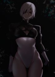 Rule 34 | 1girl, absurdres, alternate costume, breasts, chainsaw man, cleavage, cleavage cutout, clothing cutout, cosplay, cowboy shot, eyepatch, frown, gloves, groin, hair between eyes, hair over one eye, highres, long sleeves, looking at viewer, medium hair, nier:automata, nier (series), quanxi (chainsaw man), solo, standing, thighs, white hair, 2b (nier:automata) (cosplay), zaki (zaki btw)