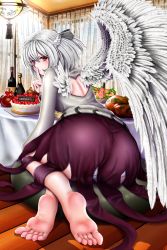 Rule 34 | 1girl, alcohol, angel wings, ass, back, back cutout, barefoot, bottle, braid, cake, clothing cutout, curtains, cushion, elcid company, feathered wings, feet, finger to mouth, food, french braid, hair between eyes, hand to own mouth, highres, huge ass, kishin sagume, legs, light, looking at viewer, looking back, nail, panties, pantyshot, purple skirt, red eyes, salad, short hair, shoulder blades, shushing, single wing, skirt, solo, table, toes, tomato, touhou, tray, turkey (food), underwear, white hair, white panties, white wings, wine, wine bottle, wings, wooden floor