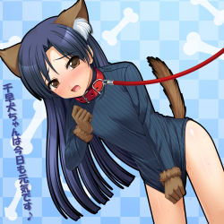 Rule 34 | 00s, 1girl, animal ears, bad id, bad pixiv id, blue hair, blush, bottomless, brown eyes, collar, covering privates, covering crotch, dog ears, dog tail, gloves, idolmaster, idolmaster (classic), idolmaster 1, kisaragi chihaya, leash, long hair, pussy juice, shirt tug, slave, solo, tail, tears, totokichi, translated, turtleneck