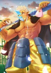 Rule 34 | 1boy, abs, armor, arms up, ball, bara, baseball, baseball bat, blue mask, chocolate, commentary request, cowboy shot, crescent moon, dark-skinned male, dark skin, falling petals, gift, glint, hair ribbon, half mask, highres, holding, holding ball, holding gift, horned mask, horns, jacket, jacket on shoulders, large pectorals, long hair, long sideburns, low ponytail, male focus, mask, moon, mouth hold, muscular, muscular male, no nipples, no pupils, no shirt, oni mask, pants, partial commentary, pectorals, petals, pointy ears, red ribbon, ribbon, shuten douji (housamo), sideburns, single horn, smile, solo, sweat, tokyo houkago summoners, wattyo, white chocolate, white hair, yellow pants