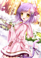 Rule 34 | 1girl, :d, animal ear fluff, animal ears, brown gloves, cat ears, cat tail, coat, cowboy shot, dutch angle, gloves, long sleeves, looking at viewer, open mouth, original, outdoors, pointing, purple hair, shitou, short hair, smile, solo, tail, winter clothes, winter coat, yellow eyes