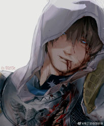 Rule 34 | 1boy, adventurer (ff14), armor, bleeding, blood, blood from mouth, blood on face, blue eyes, brown hair, facial hair, final fantasy, final fantasy xiv, half-closed eyes, highres, hood, hood up, hyur, injury, looking at viewer, male focus, mbdtz, portrait, short hair, simple background, stubble, warrior of light (ff14), white background