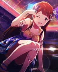 Rule 34 | 10s, 1girl, armlet, breasts, brown eyes, brown hair, character name, cleavage, d;, dress, hair ornament, idolmaster, idolmaster million live!, jpeg artifacts, long hair, official art, one eye closed, open mouth, solo, tanaka kotoha, tears