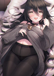 Rule 34 | 1girl, absurdres, animal ear fluff, animal ears, bell, black collar, black hair, black panties, black pantyhose, blush, bow, bow panties, clothes lift, collar, commentary request, fang, grey sweater, hair between eyes, hasumi (hasubatake39), highres, jingle bell, lifted by self, long hair, long sleeves, looking at viewer, midriff, multicolored hair, neck bell, off shoulder, on bed, original, panties, panties under pantyhose, pantyhose, pillow, puffy long sleeves, puffy sleeves, setsuna (hasumi (hasubatake39)), silver hair, solo, streaked hair, sweater, sweater lift, tail, tongue, tongue out, underwear, yellow eyes