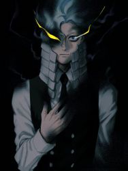 Rule 34 | 1boy, black background, blue eyes, blue hair, boku no hero academia, buttons, collared shirt, command input, costume, darkness, expressionless, facing viewer, fog, glowing, glowing eyes, hand on own chest, high collar, kurogiri (boku no hero academia), light blue hair, long sleeves, loud cloud, necktie, osutoraria (1ndi g0), shirt, solo, spoilers, vest, white shirt