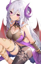 Rule 34 | 1girl, akizone, arm support, bare shoulders, black gloves, blush, breasts, catherine (masterwork apocalypse), cleavage, cleavage cutout, clothing cutout, clothing request, commentary, demon girl, demon horns, demon wings, foot out of frame, gloves, grey background, hair between eyes, heart, heart tattoo, highres, horns, knee up, large breasts, long hair, looking at viewer, masterwork apocalypse, purple eyes, shiny clothes, silver hair, simple background, single leg pantyhose, sitting, smile, solo, tattoo, white background, wings