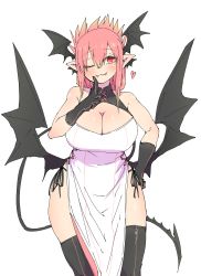 Rule 34 | 1girl, :3, absurdres, black footwear, black gloves, black panties, black tail, black wings, boots, breasts, cleavage, fangs, gloves, head wings, heal &amp; squeeze, heart, highres, large breasts, loincloth, looking at viewer, one eye closed, panties, pink hair, red eyes, sakura (heal &amp; squeeze), solo, string panties, thigh boots, thighhighs, underwear, vampire, vietnamese clothes, vietnamese dress, white background, white loincloth, wings, zyugoya
