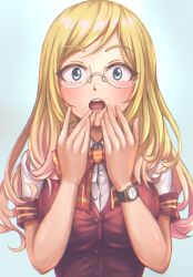 Rule 34 | 10s, 1girl, :o, absurdres, blazer, blonde hair, blue eyes, blush, boku no hero academia, bow, bowtie, breasts, collared shirt, gasp, glasses, hands on own face, highres, huge filesize, jacket, long hair, looking at viewer, medium breasts, melissa shield, mikazukiblue, open mouth, round eyewear, shirt, short sleeves, solo, striped, striped bow, surprised, swept bangs, teeth, upper body, upper teeth only, watch