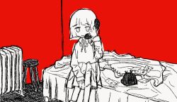 Rule 34 | 1girl, bed, bed sheet, bedroom, bunk bed, calling, greyscale, greyscale with colored background, holding, holding phone, messy room, mission-chan, mission-chan no dai-bouken, monochrome, ni nn i, on bed, phone, red background, shirt, short hair, skirt, solo, white shirt, white skirt