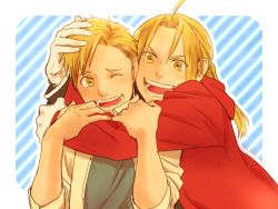 Rule 34 | 2boys, alphonse elric, bad id, bad pixiv id, blonde hair, blue background, brothers, coat, edward elric, fullmetal alchemist, gloves, hand on another&#039;s shoulder, hug, looking at another, male focus, multiple boys, nomachi, one eye closed, open mouth, outstretched hand, purple background, red coat, siblings, smile, striped, striped background, white background