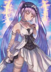 Rule 34 | 1girl, absurdres, bare shoulders, black bow, blush, bow, breasts, cleavage, collarbone, commentary request, dress, euryale (fate), euryale (third ascension) (fate), fate/grand order, fate (series), hairband, headdress, highres, jewelry, long hair, looking at viewer, necklace, parted lips, purple eyes, purple hair, sleeveless, sleeveless dress, solo, twintails, very long hair, white dress, wristband, yorishiem