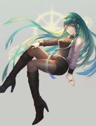 Rule 34 | &gt;:), 1girl, absurdres, belt, black pantyhose, blush, boots, bracer, cleopatra (fate), commentary request, earrings, fate/grand order, fate (series), full body, green eyes, green hair, hairband, high heel boots, high heels, highres, hoop earrings, invisible chair, jewelry, knee boots, long hair, looking at viewer, necklace, otsukemono, pantyhose, ring, short shorts, shorts, sitting, smile, solo, very long hair