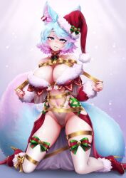 Rule 34 | 1girl, animal ear fluff, animal ears, barbariank, bare shoulders, blue hair, blush, breasts, commentary, commission, english commentary, eyes visible through hair, full body, fur trim, gradient hair, gradient tail, hat, high heels, highres, kneeling, large breasts, large tail, leotard, light blue hair, looking at viewer, multicolored hair, navel, parted lips, pink hair, santa hat, short hair, silvervale, silvervale (christmas 2022), smile, solo, swept bangs, tail, thigh bow, thigh strap, tilted headwear, virtual youtuber, vshojo, white eyes, white leotard, wolf ears, wolf girl, wolf tail