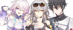 Rule 34 | 1boy, 2girls, black hair, commentary, dan heng (honkai: star rail), english commentary, eyewear on head, glasses, grey hair, hand on own chin, highres, honkai: star rail, honkai (series), korean commentary, march 7th (honkai: star rail), mixed-language commentary, multiple girls, one eye closed, open mouth, pink hair, pointing, smile, sp0i0ppp, stelle (honkai: star rail), sunglasses, trailblazer (honkai: star rail), white background, yellow eyes