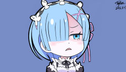 Rule 34 | 10s, 1girl, artist name, black ribbon, blue eyes, blue hair, blunt bangs, blush, chibi, chinese text, commentary request, dated, detached sleeves, dyxm, frilled sleeves, frills, frown, furrowed brow, hair ornament, hair over one eye, hair ribbon, headdress, highres, maid, parted bangs, pink ribbon, purple background, re:zero kara hajimeru isekai seikatsu, rem (re:zero), ribbon, shaded face, short hair, simple background, solo, split bangs, x hair ornament