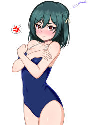 Rule 34 | 1girl, absurdres, anger vein, blue one-piece swimsuit, blush, collarbone, commentary request, competition school swimsuit, dark green hair, hahahahayato, hair ribbon, highres, looking at viewer, love live!, love live! nijigasaki high school idol club, mifune shioriko, nose blush, one-piece swimsuit, red eyes, ribbon, school swimsuit, short hair, simple background, solo, spoken anger vein, swimsuit, white background