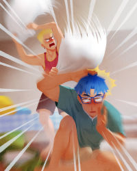 Rule 34 | 2boys, absurdres, angry, aqua shirt, black shorts, blonde hair, blood, blue hair, blush, brown shorts, bulge, earrings, erection, erection under clothes, gaydio zrong, gin (gaydio zrong), glasses, highres, holding, holding pillow, jewelry, jiu (gaydio zrong), male focus, multiple boys, nosebleed, open mouth, original, pillow, pillow fight, red tank top, shirt, short hair, shorts, tank top, yaoi